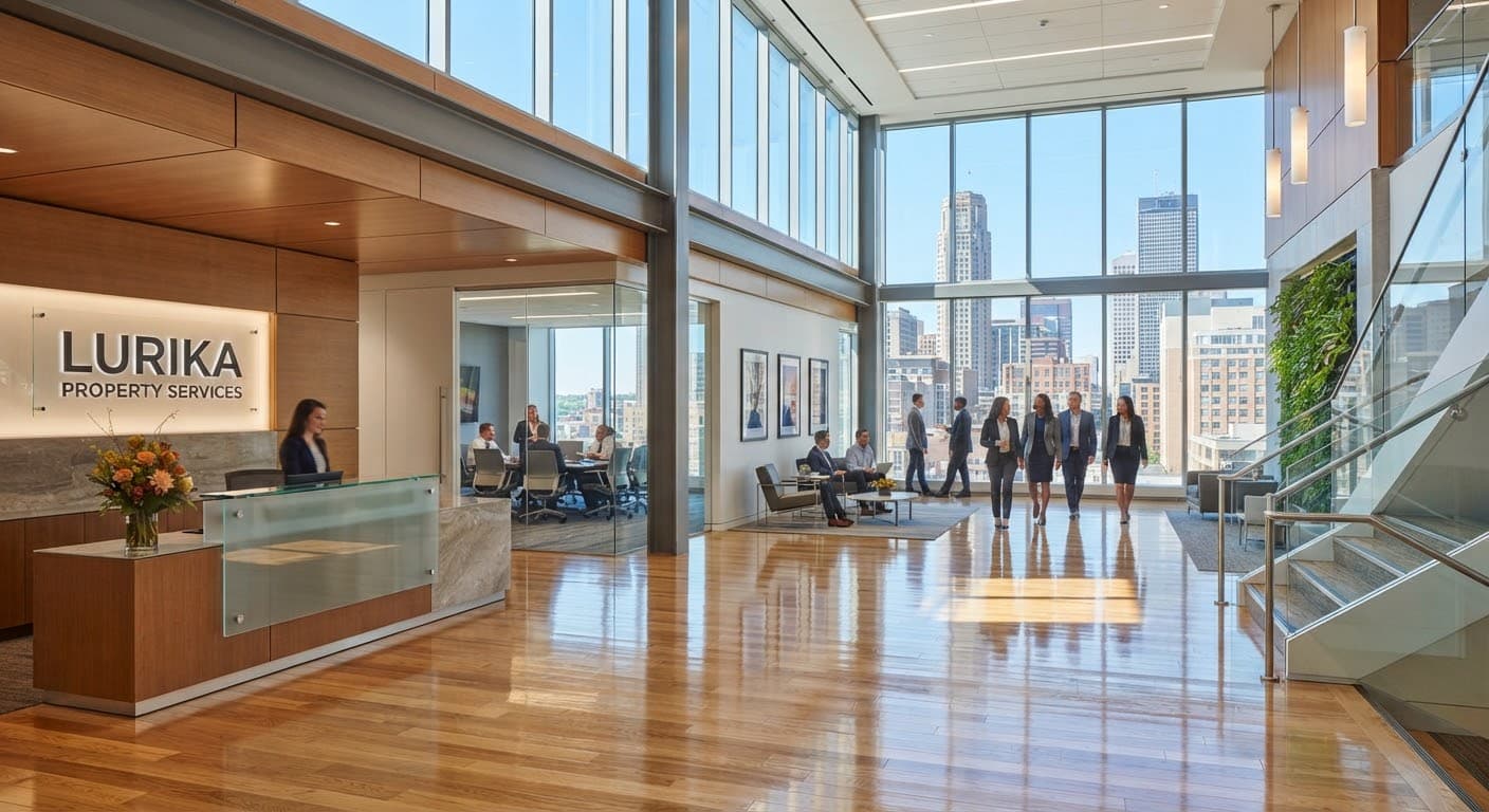 Sunlit, freshly cleaned office lobby with glass panels