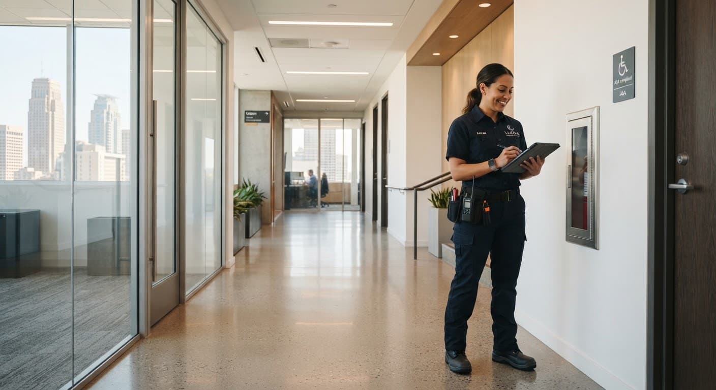 Technician inspecting a clean commercial hallway with fresh drywall finishes