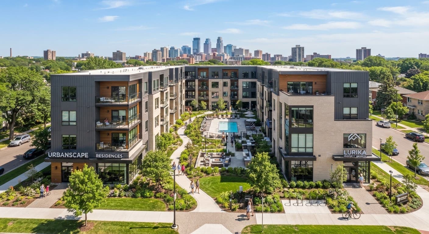 Contemporary multi-family apartment community with a landscaped courtyard
