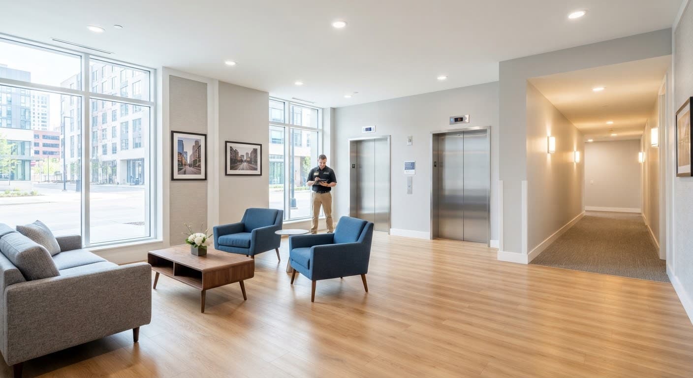 Bright apartment lobby and hallway with polished floors and clean elevator doors