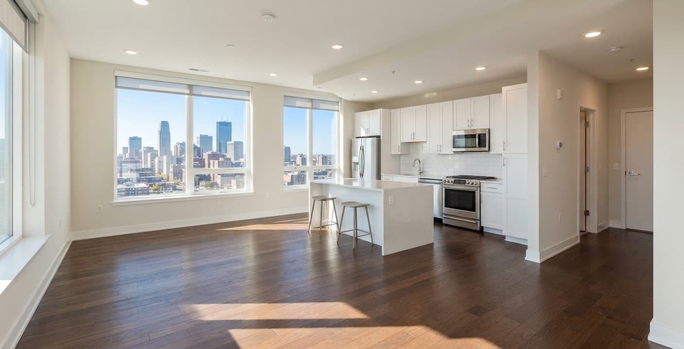 Freshly turned apartment unit with clean floors, white cabinets, and newly painted walls