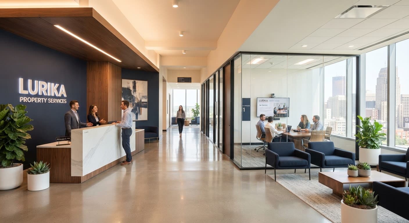 Clean modern office lobby with polished floors and glass conference rooms