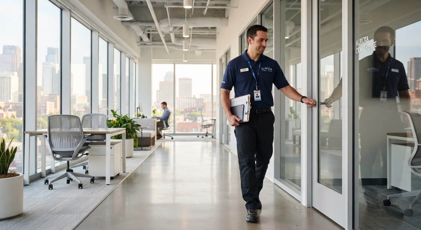 Uniformed technician walking through a bright, freshly cleaned office corridor