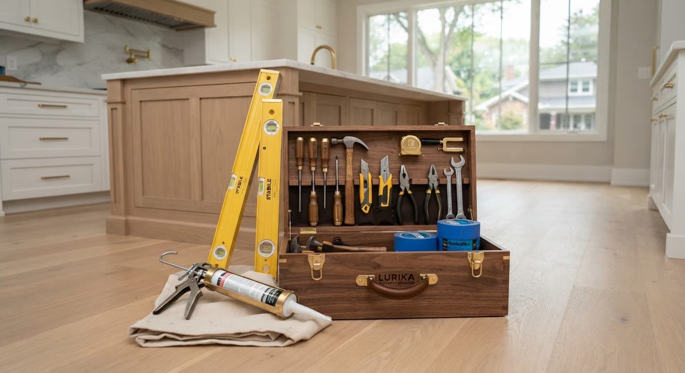 Organized toolbox with caulking gun, level, and painter's tape