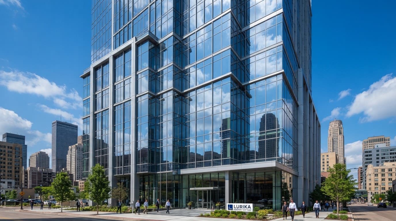 Glass facade of a modern commercial office building reflecting a blue sky