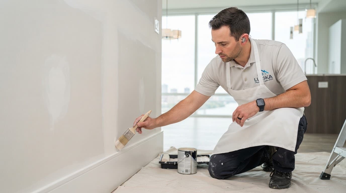 Painter cutting a crisp edge on an interior apartment wall