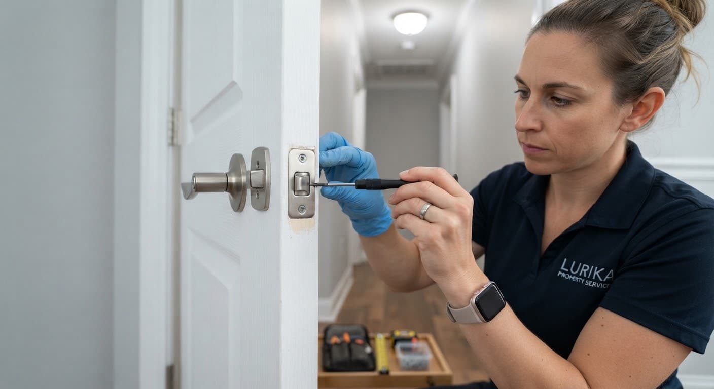 Close-up of door hardware being adjusted with clean tools