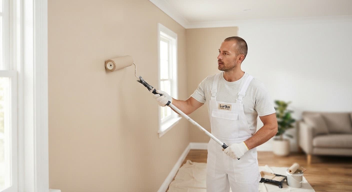 Painter rolling a fresh neutral coat onto an interior wall
