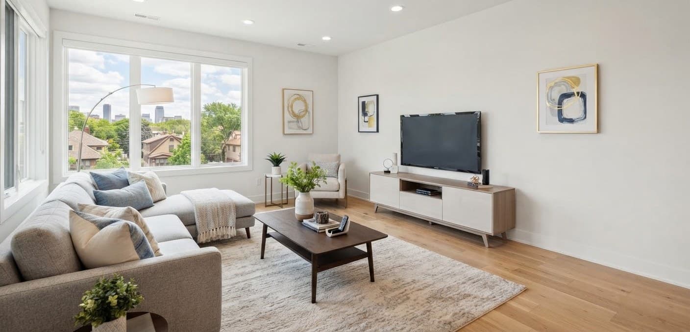 Bright, clean living room with hardwood floors